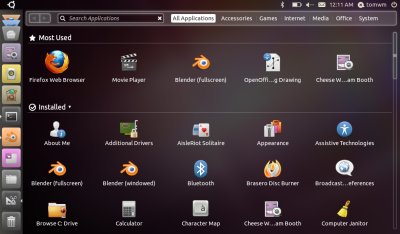 A screenshot of the Unity interface, showing the application launcher.  The launcher features an area with large &ldquo;Most Used&rdquo; application icons, and an area below where icons for installed applications are tiled.